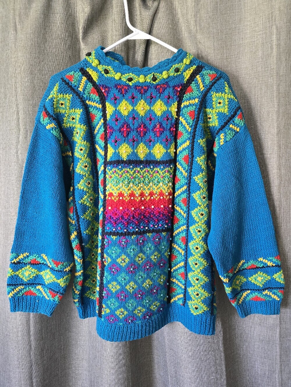 Studio Collection Vtg Hand Knit Colorful Beaded Sweater Size S Oversized